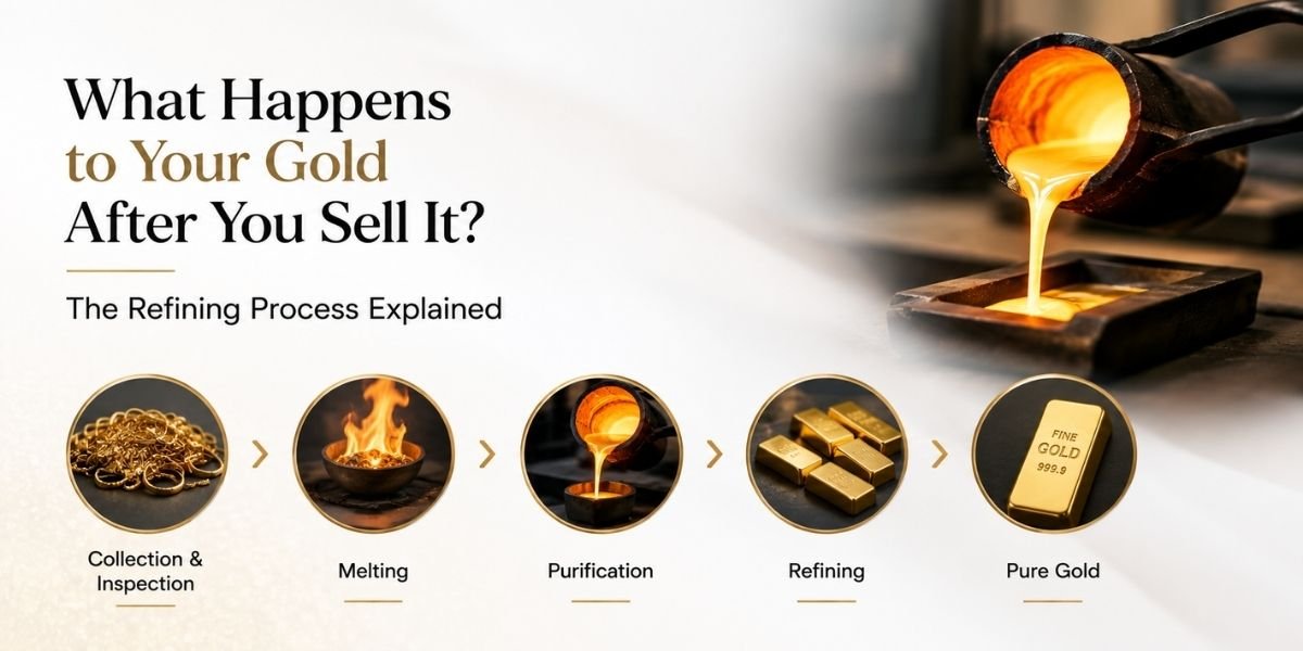 Gold refining process showing melting, purification, and recycling of gold after selling into new jewelry and bullion