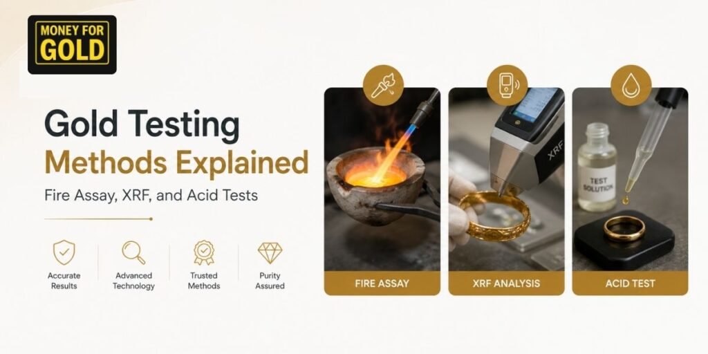 Professional gold testing methods explained showing Fire Assay, XRF machine, and acid test process for gold purity analysis