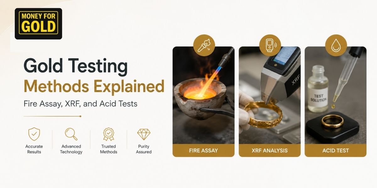 Professional gold testing methods explained showing Fire Assay, XRF machine, and acid test process for gold purity analysis
